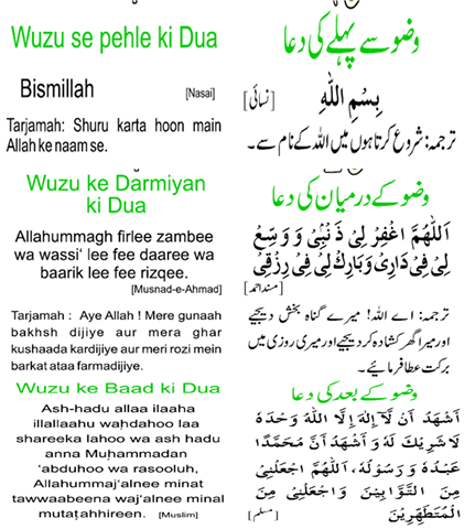 wuzu wazoo wudu karne se pehle darmiyan baad ki dua in Urdu Hindi tarjuma