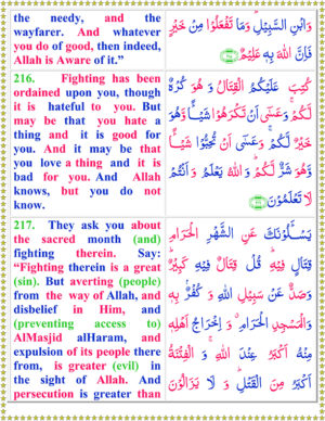 Surah Baqarah PDF Arabic Ayat 216 To 217 English Translation